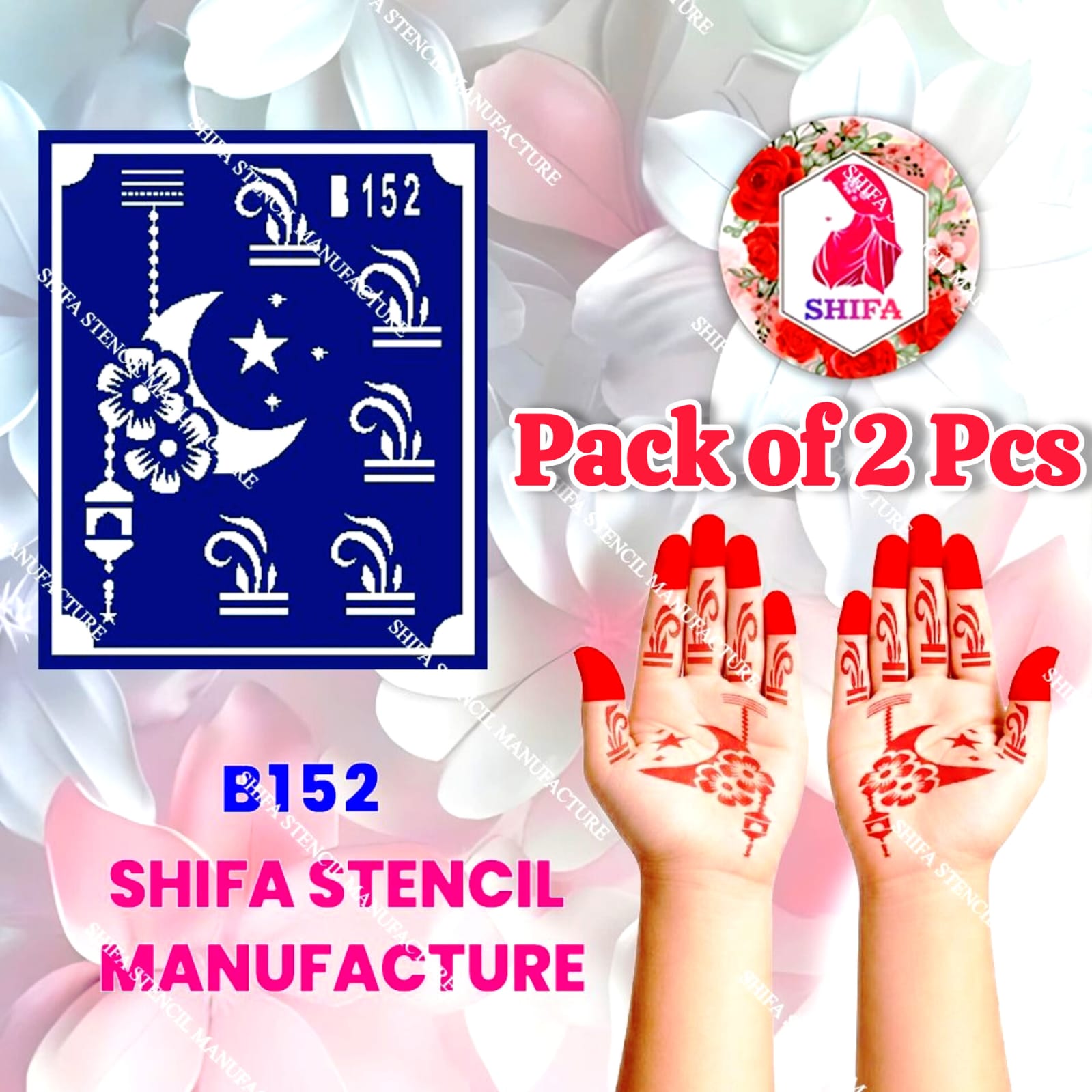 B152 (age 5 to 10) Midnight Bloom Crescent Drop Double Hand Henna Stencil - Shifa Stencil
